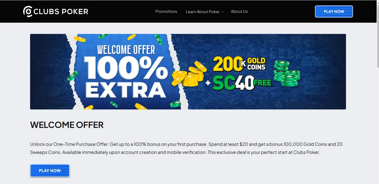 Clubs Poker Casino Welcome Bonus/Offer