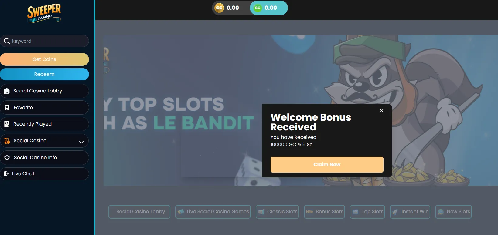 sweeper casino most recent welcome bonus 100k + 5SC
