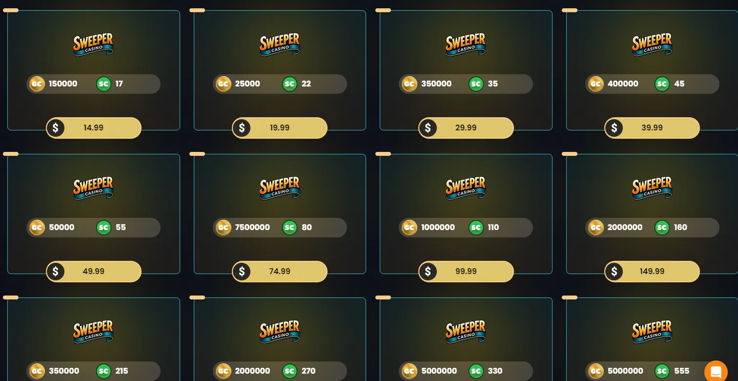 Gold Coin Purchase packages at Sweeper Casino 2025