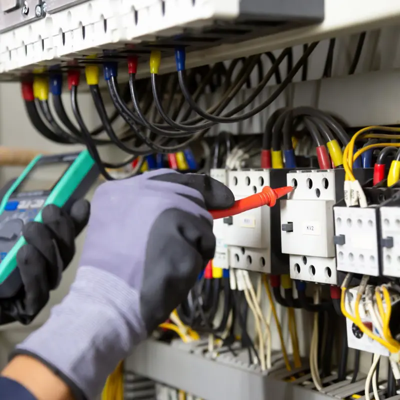 Das Bild zeigt eine Foto von einer Person, welche elektrische Kontrollen durchführt